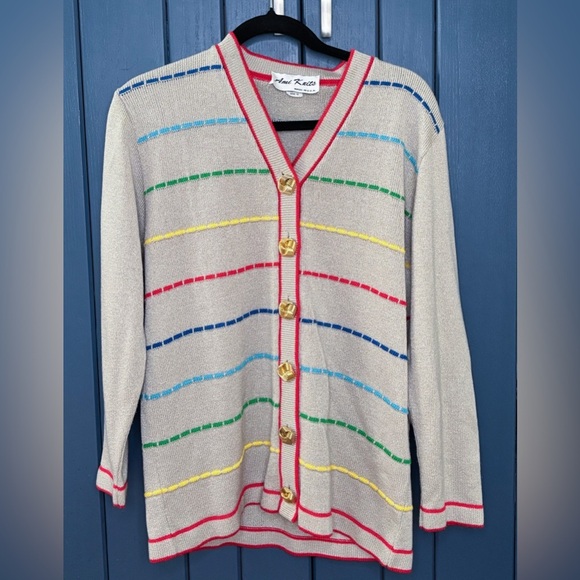 Vintage Beige Rainbow Striped Cardigan Sweater Size 10 M L Pride Whimsical - Picture 1 of 4